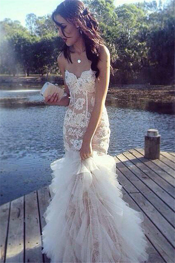 Ruffles Tulle Lace Prom Dresses Sweetheart Sheath Evening Dress