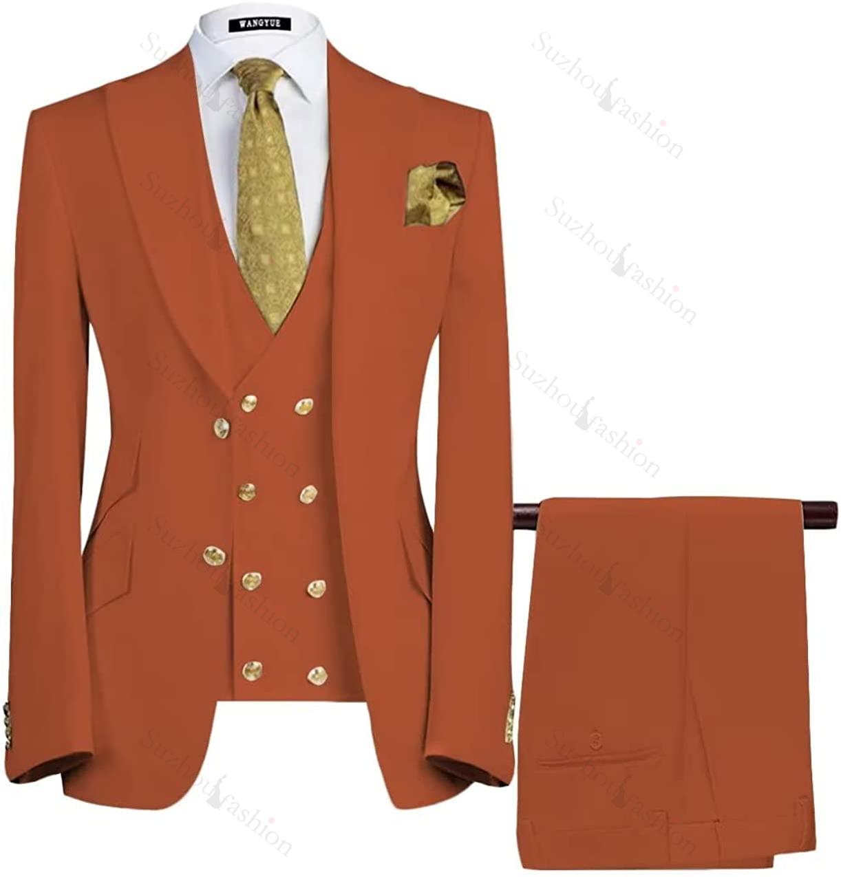 Rust Red Three Piece Peaked Lapel Prom Suit