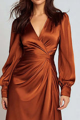 Suzhoufashion Rust Satin A-Line V-Neck Ruched Midi Prom Dress With Sleeves