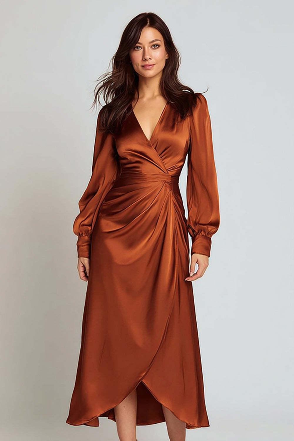 Suzhoufashion Rust Satin A-Line V-Neck Ruched Midi Prom Dress With Sleeves