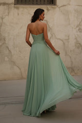 Sage Green Chiffon A Line Prom Dress with Twist Bodice and High Slit