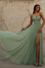 Sage Green Chiffon A Line Prom Dress with Twist Bodice and High Slit
