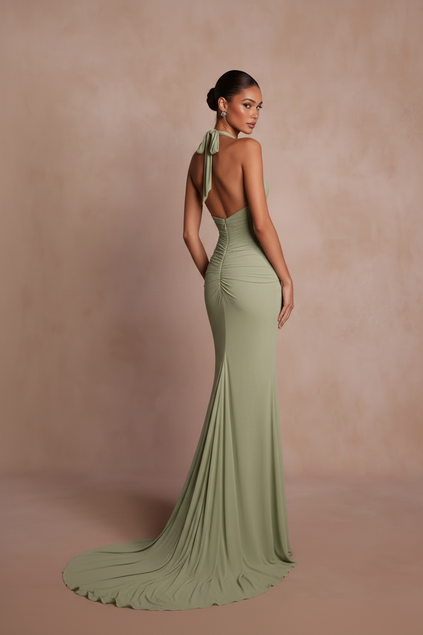 Sage Green Mermaid Prom Dress with Plunging Halter and Open Back