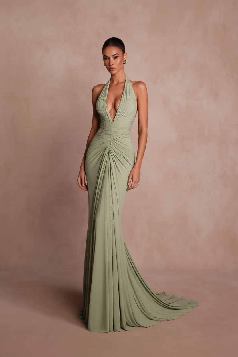 Sage Green Mermaid Prom Dress with Plunging Halter and Open Back