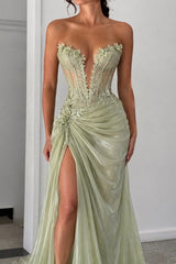 Sage Green Prom Dress with Sheer Corset and 3D Floral Lace