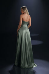 Sage Green Satin A Line Prom Dress with Corset Bodice and High Slit