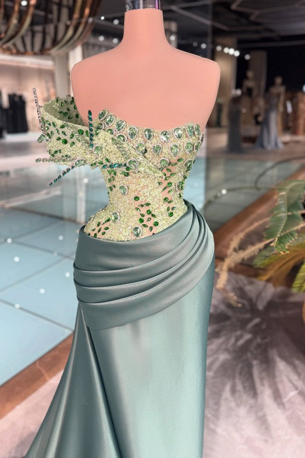 Sage Green Satin Prom Dress with Crystal Bodice and Draped Train
