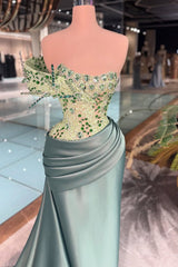 Sage Green Satin Prom Dress with Crystal Bodice and Draped Train