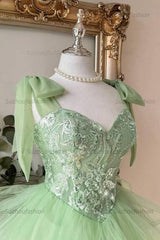 Sage Green Sweetheart Lace Corset Mini Homecoming Dress Bow Straps & Tiered Tulle