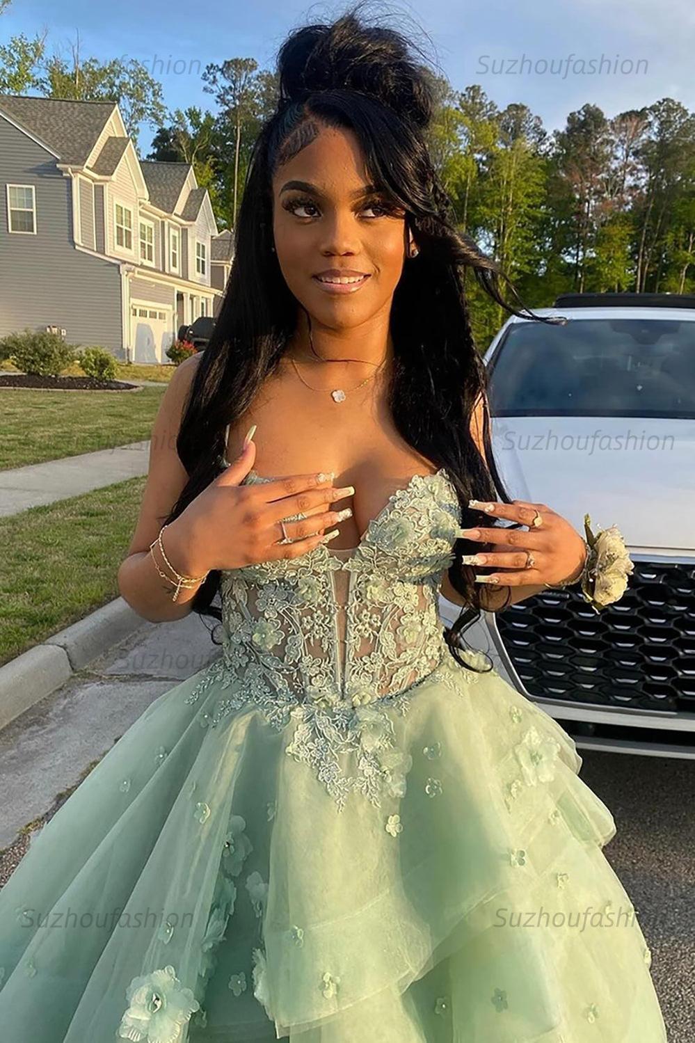 Suzhoufashion Women Sage Prom Dress Floral Tiered Ruffles A-Line Sweetheart  Corset Long Formal Dress – suzhoufashion