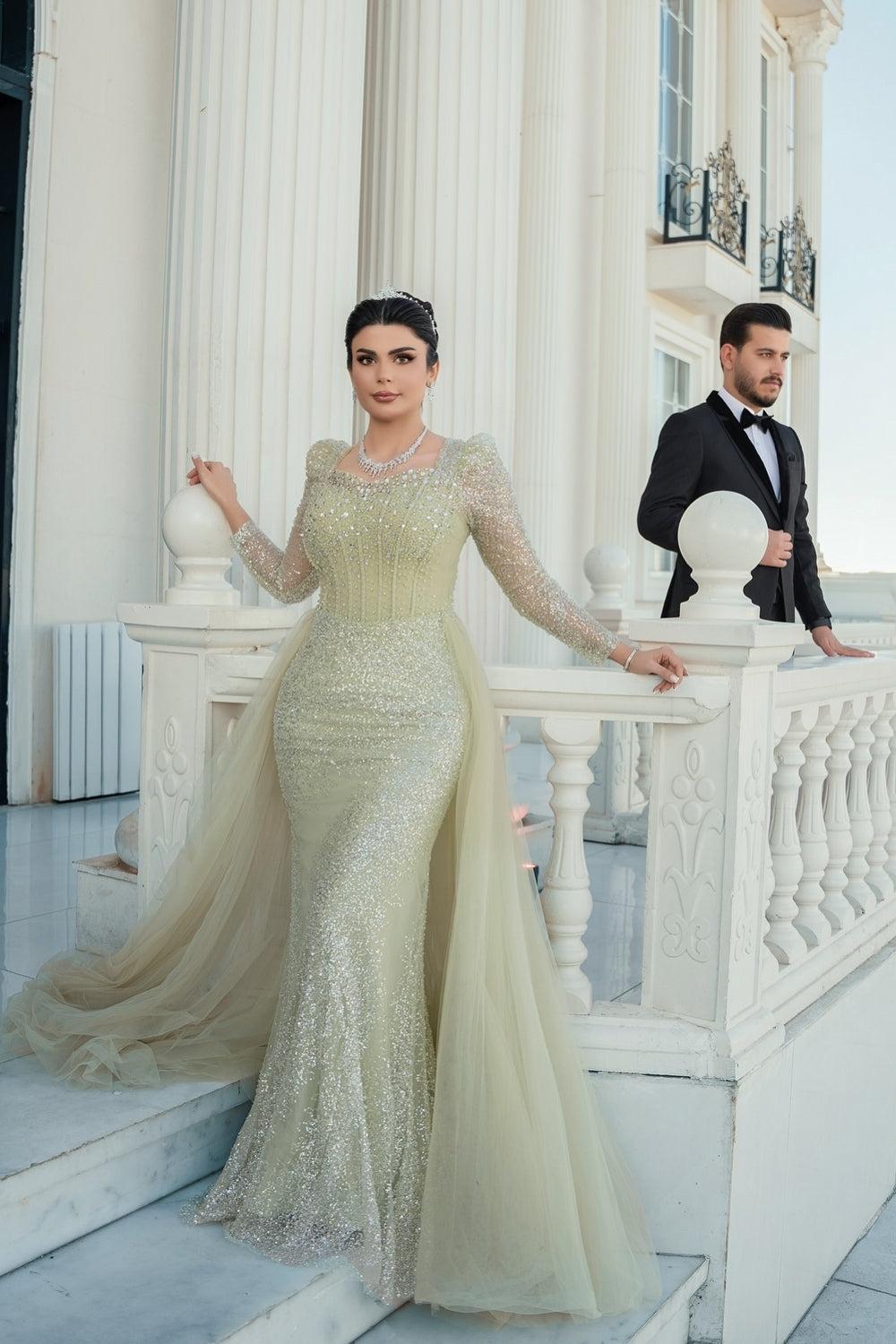 Sage Prom Dress Mermaid Square Sleeves Sequined Panel Train Tulle Formal Dress With Rhinestones