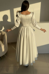 Satin A Line Prom Dress with Pearl Square Neck and Puff Sleeves