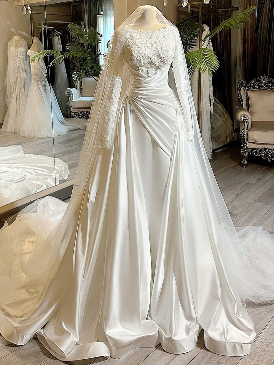 Satin A-Line Wedding Dress with Scoop Neck and Cathedral Train