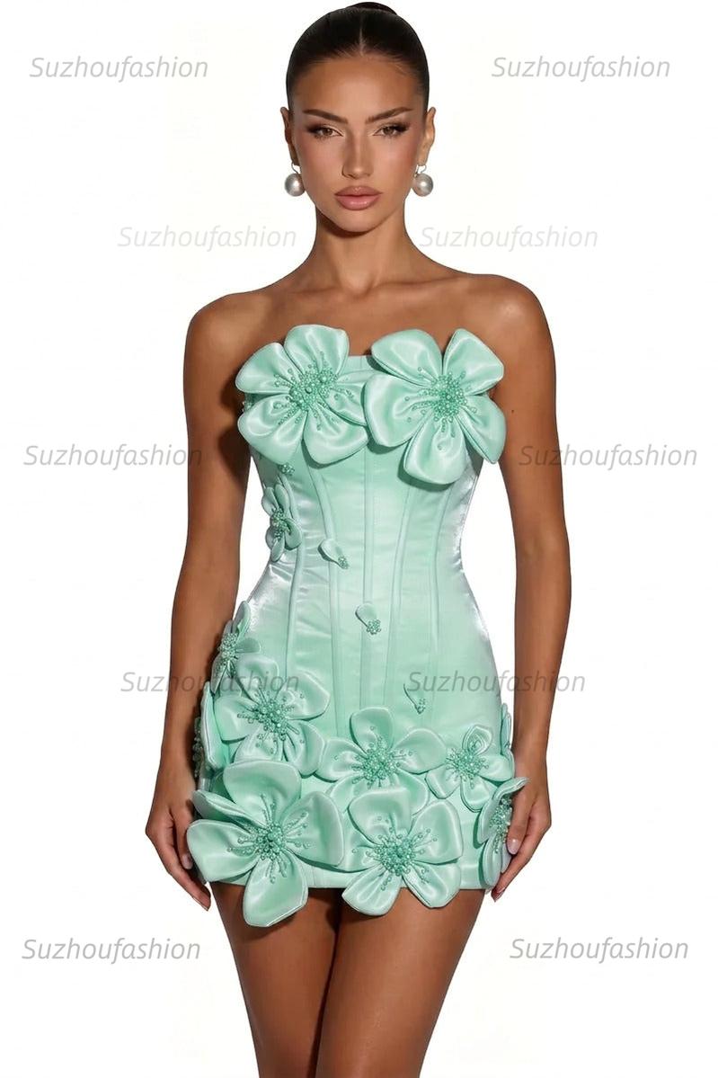 Satin Bodycon Mini Homecoming Dress with 3D Flowers