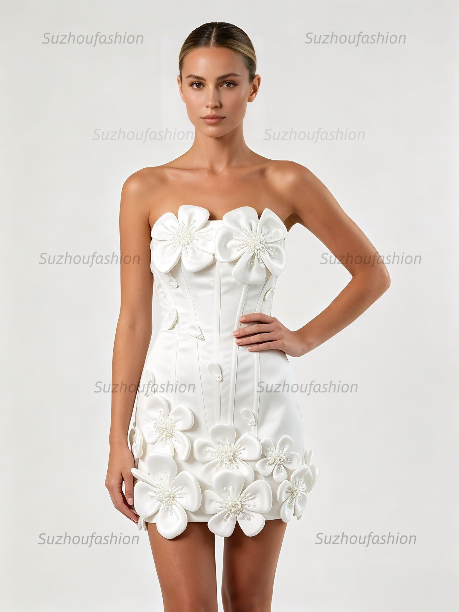 Satin Bodycon Mini Homecoming Dress with 3D Flowers
