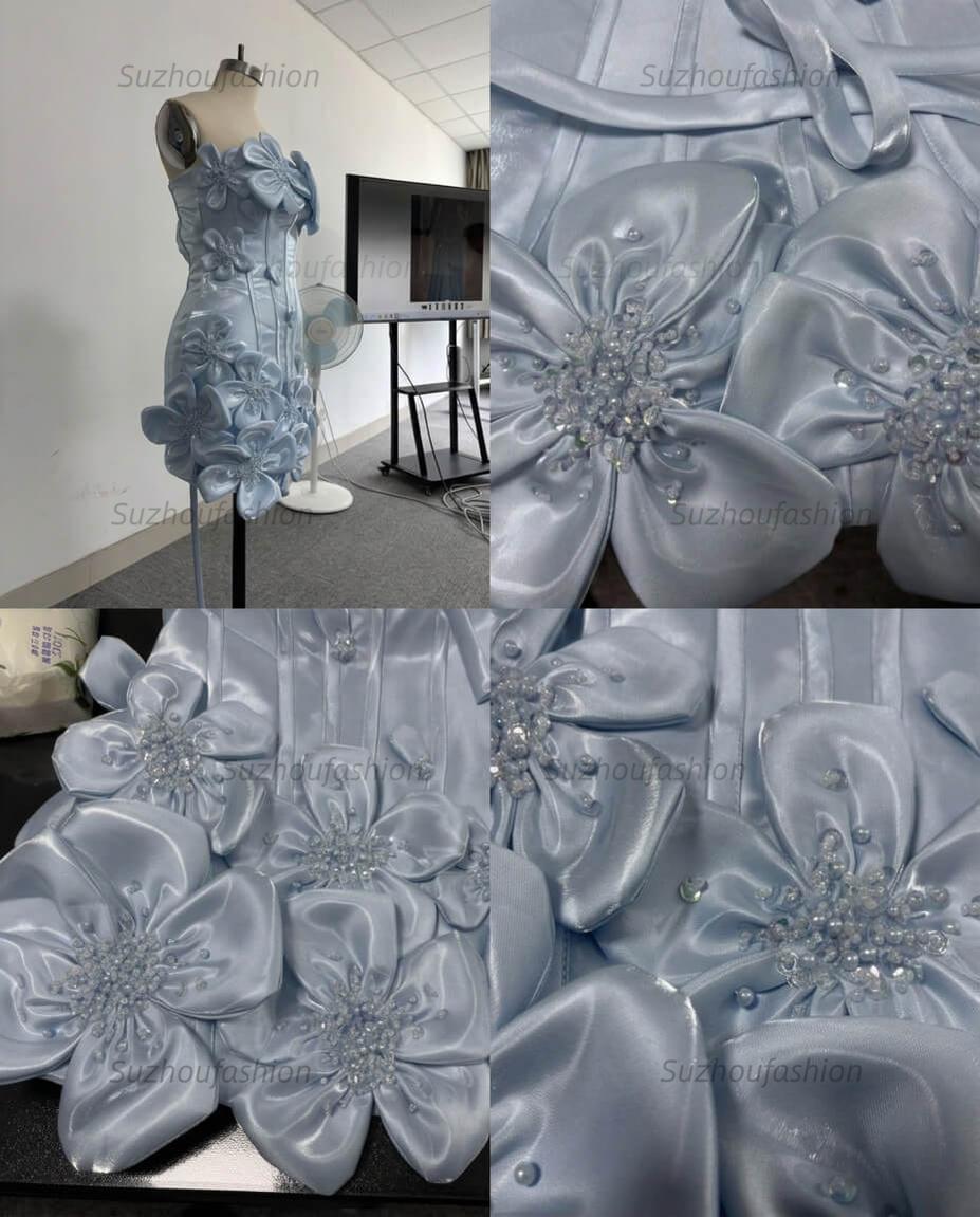Satin Bodycon Mini Homecoming Dress with 3D Flowers