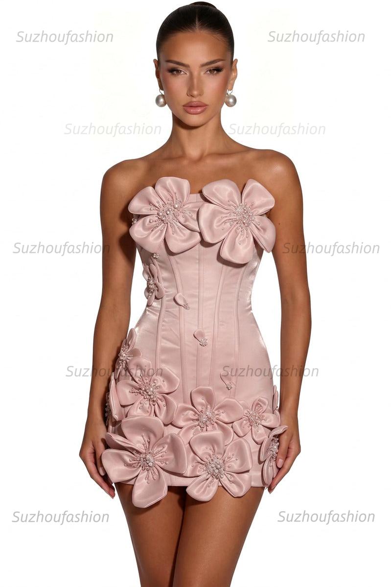Satin Bodycon Mini Homecoming Dress with 3D Flowers