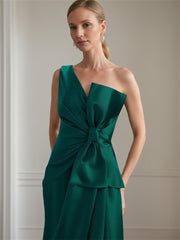 Satin Long Sleeveless One Shoulder Bow Gown for the Mother of the Bride