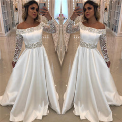 Satin Long Sleeve Wedding Dresses Online | Off The Shoulder Sexy Beading Appliques Bridal Gowns