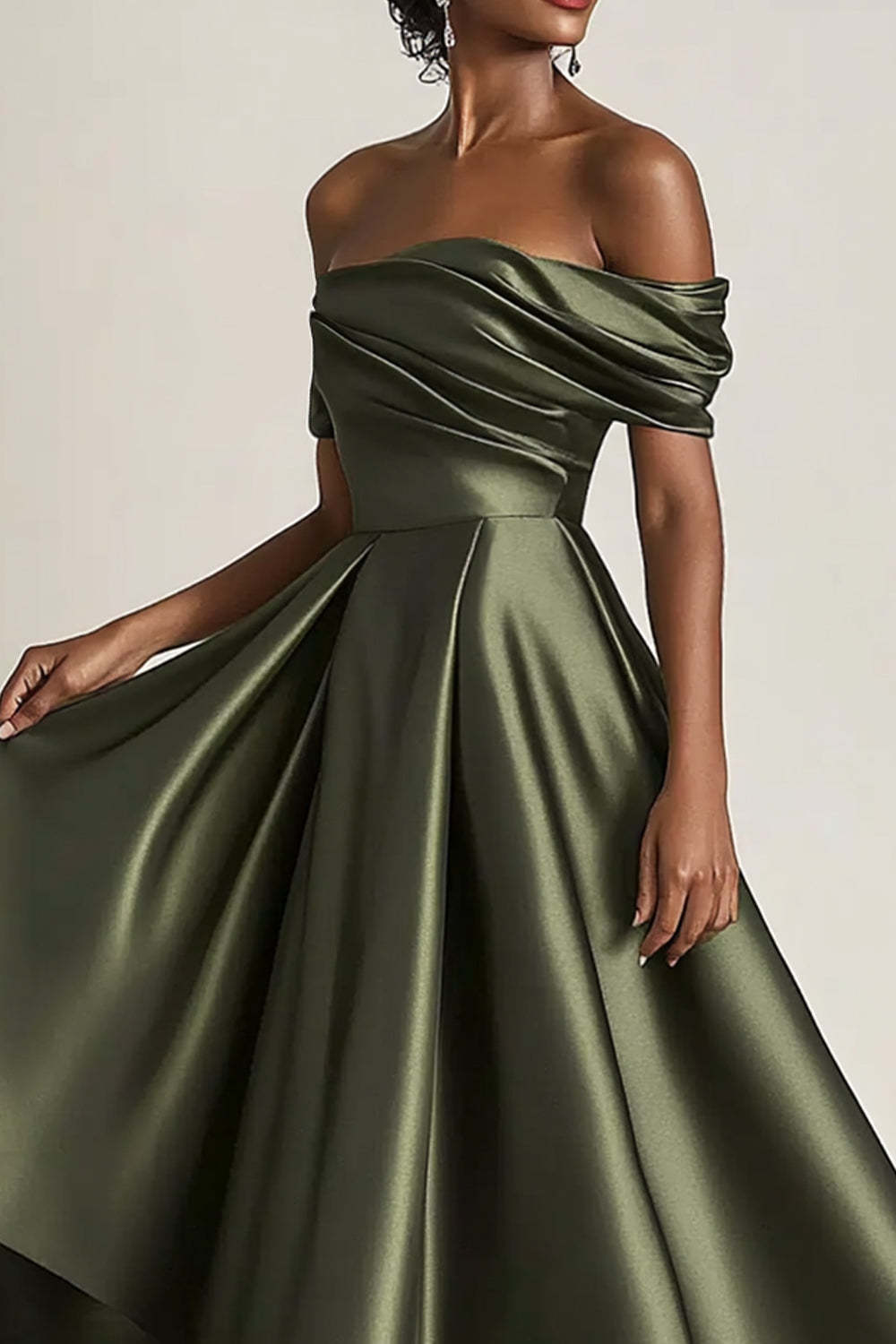 Suzhoufashion Satin Olive Wedding Guest Dress A-Line Off The Shoulder Ruched Ankle Length Formal Dress Suzhoufashion Satin Olive Wedding Guest Dress A-Line Off The Shoulder Ruched Ankle Length Formal Dress