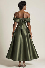 Satin Olive Wedding Guest Dress A-Line Off The Shoulder Ruched Ankle Length Formal Dress