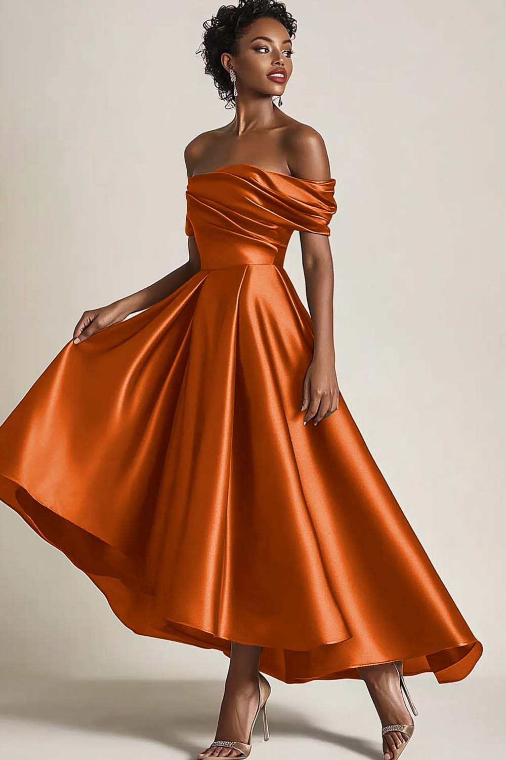 Suzhoufashion Satin Olive Wedding Guest Dress A-Line Off The Shoulder Ruched Ankle Length Formal Dress Suzhoufashion Satin Olive Wedding Guest Dress A-Line Off The Shoulder Ruched Ankle Length Formal Dress