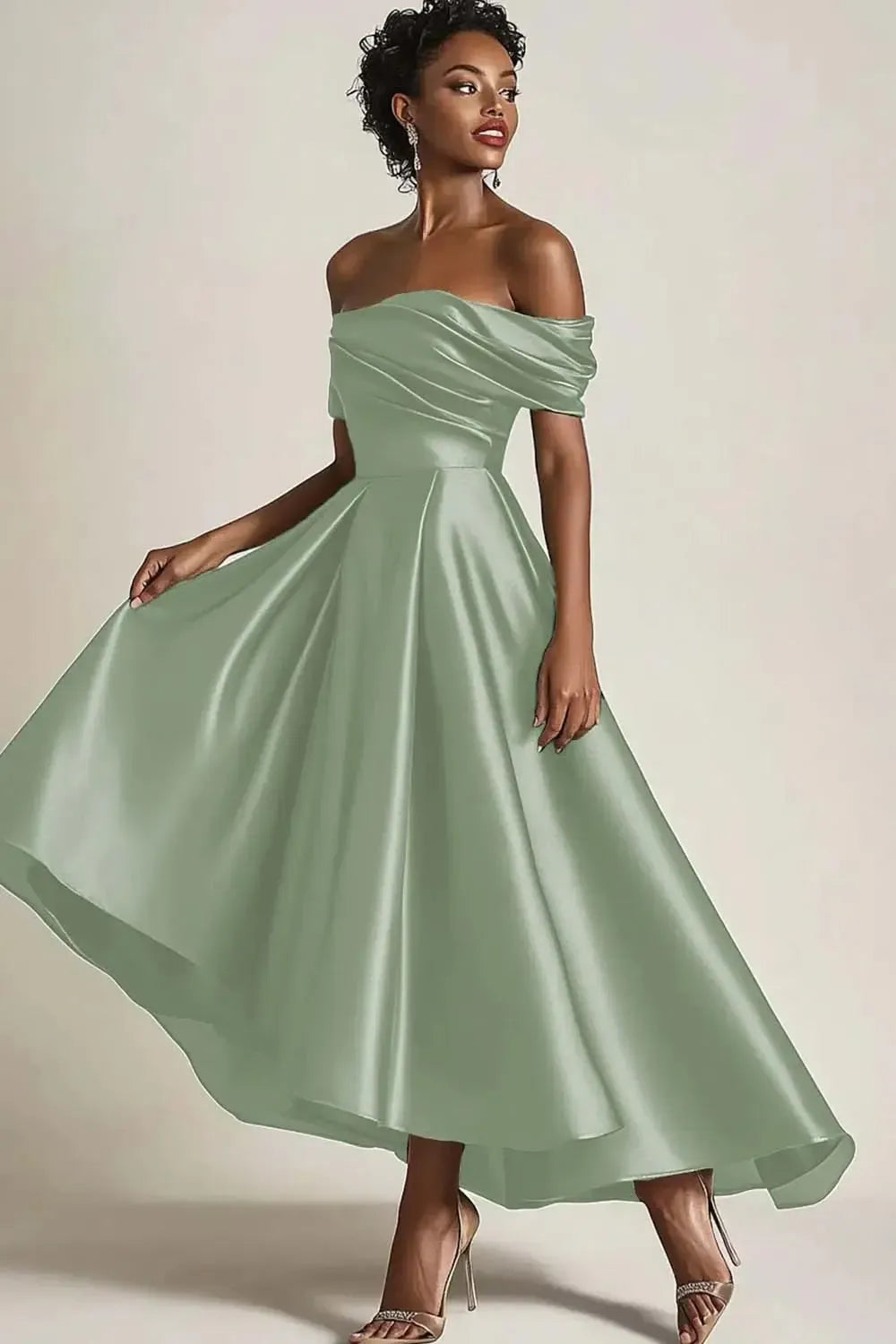 Suzhoufashion Satin Olive Wedding Guest Dress A-Line Off The Shoulder Ruched Ankle Length Formal Dress – suzhoufashion