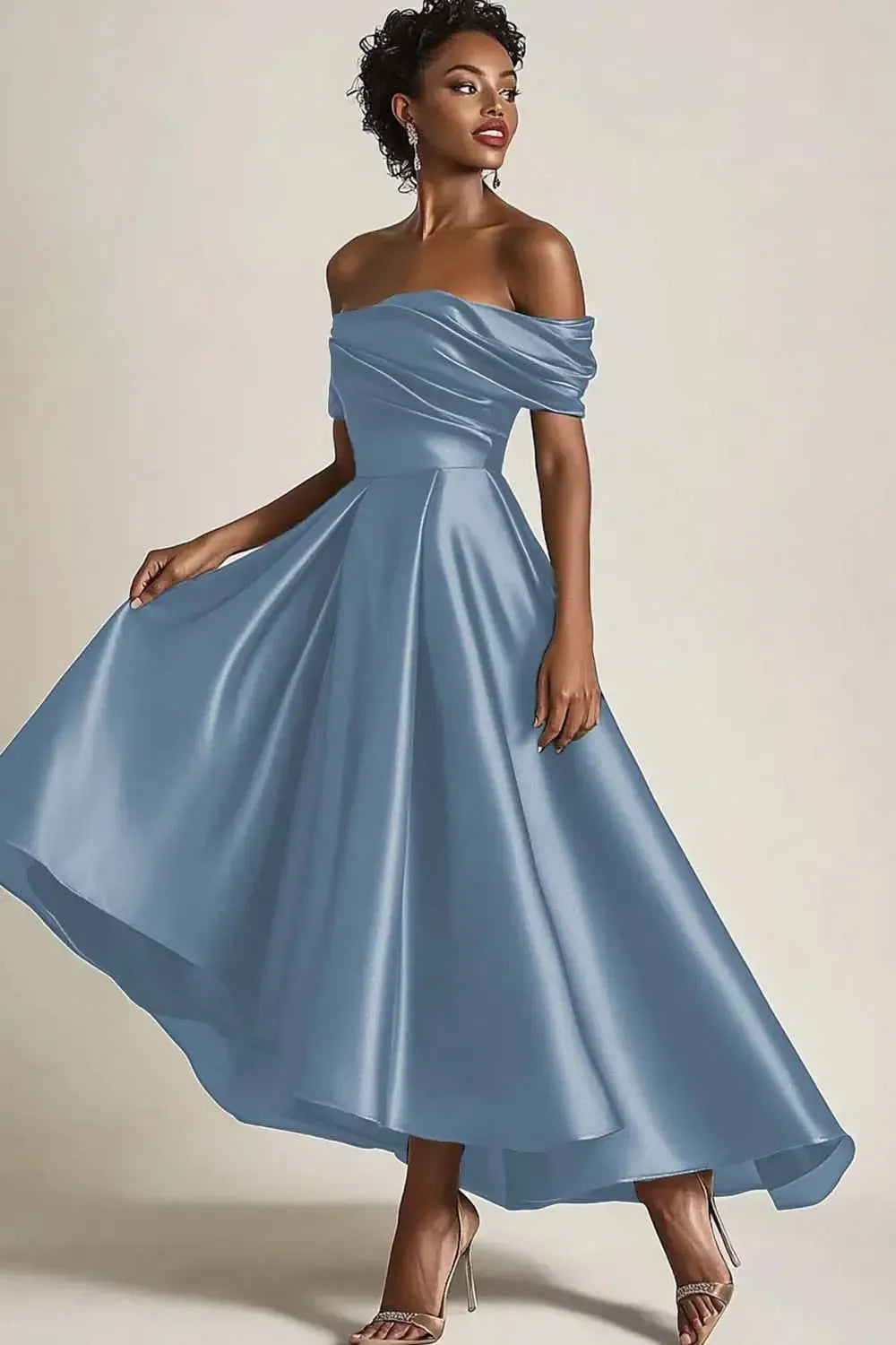 Satin Olive Wedding Guest Dress A-Line Off The Shoulder Ruched Ankle Length Formal Dress
