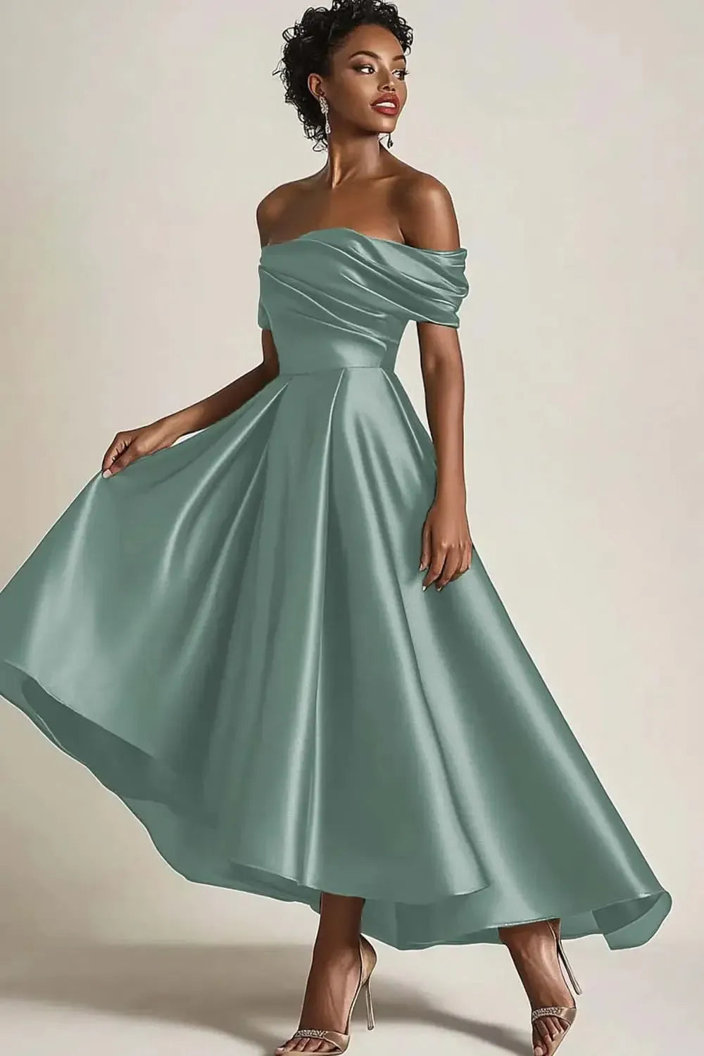 Suzhoufashion Satin Olive Wedding Guest Dress A-Line Off The Shoulder Ruched Ankle Length Formal Dress