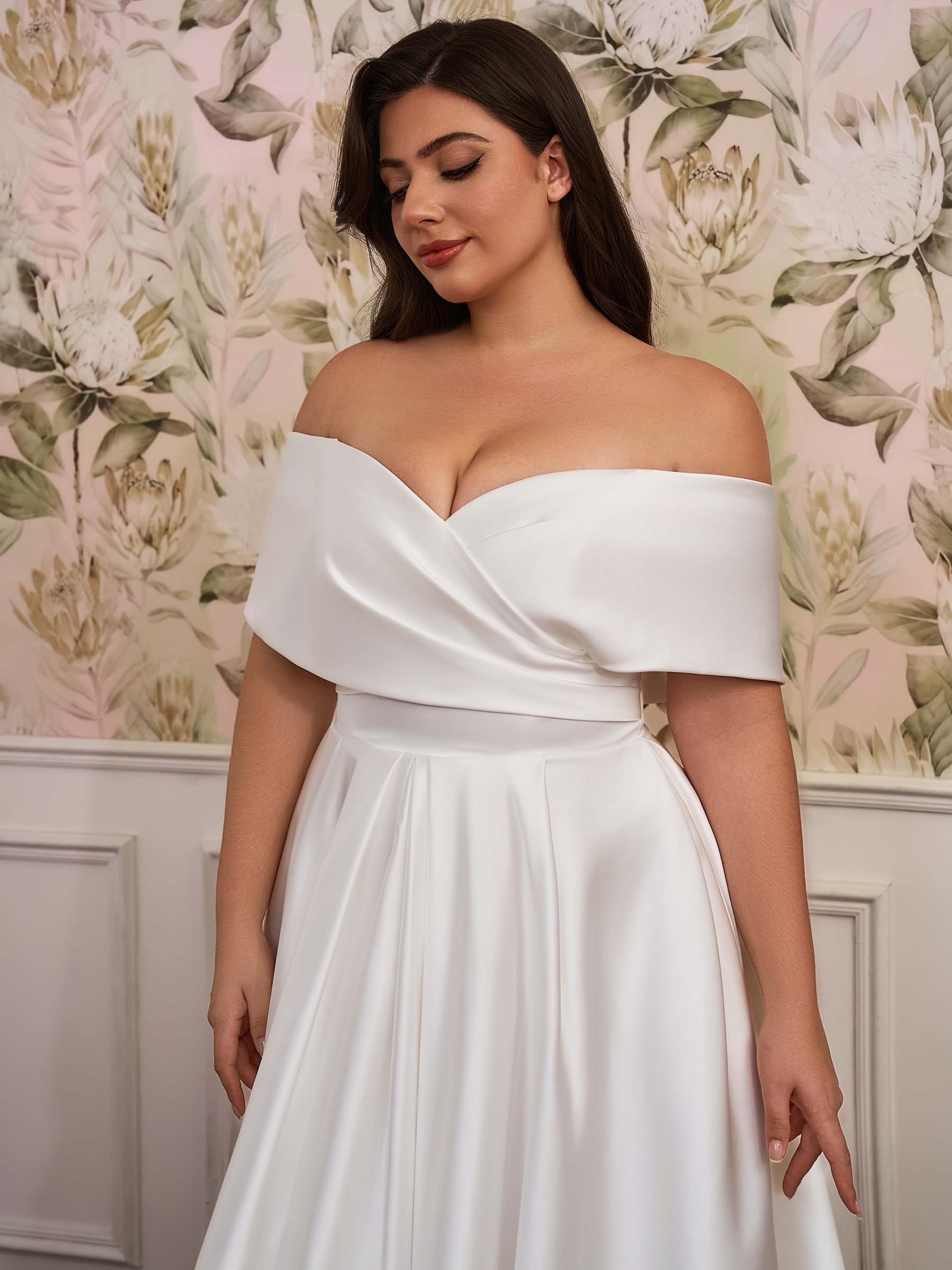 Satin Plus Size A-Line Wedding Dress with Off-the-Shoulder Cap Sleeves