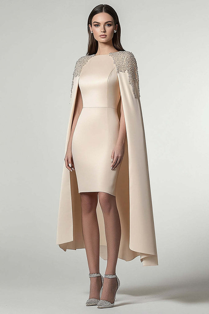 Suzhoufashion Satin Sheath Champagne Wedding Guest Dress Knee-Length Formal Dress With Shawl Suzhoufashion Satin Sheath Champagne Wedding Guest Dress Knee-Length Formal Dress With Shawl