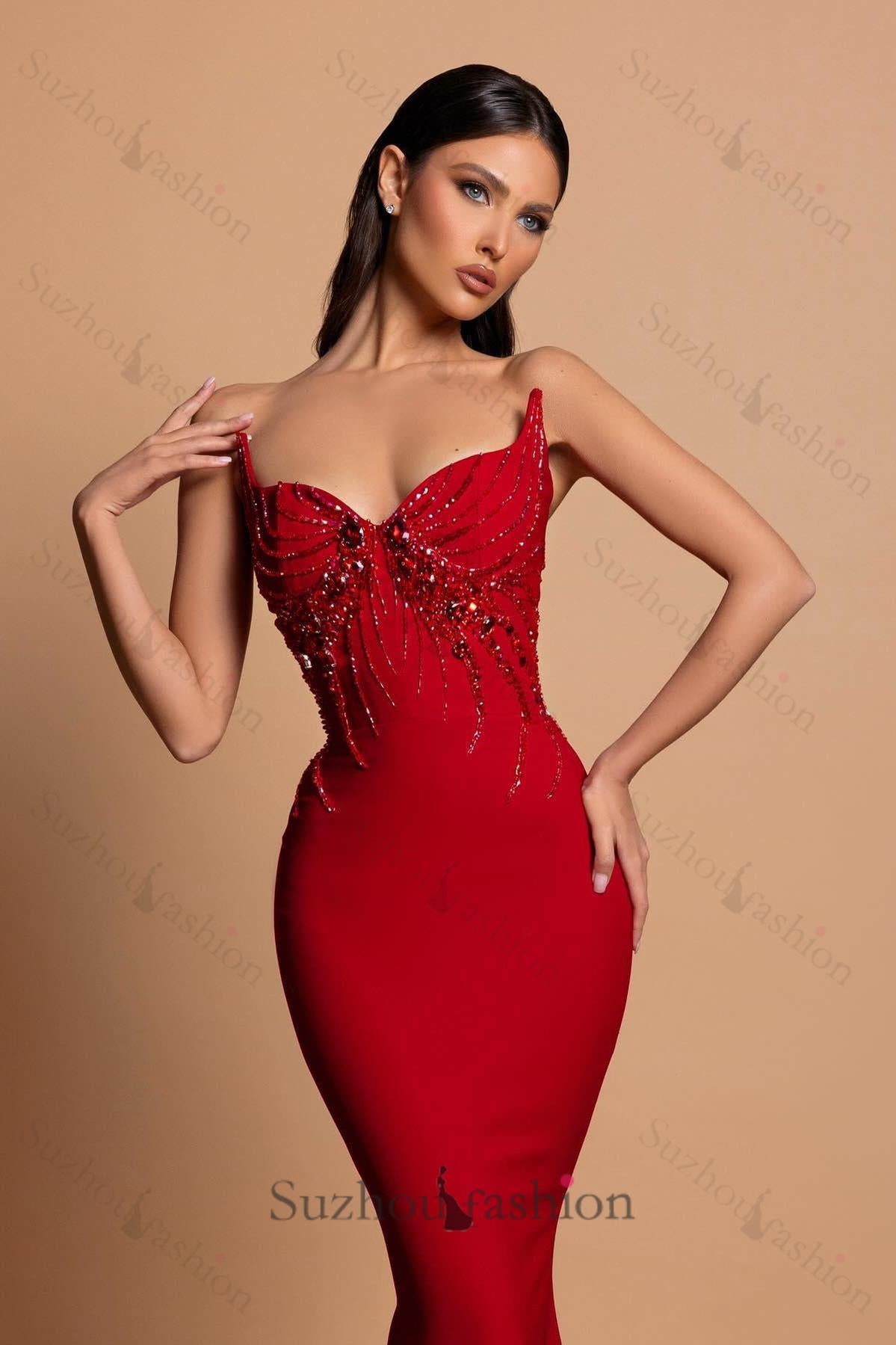 Satin Sleeveless Mermaid Sweetheart Rhinestone Formal Dress