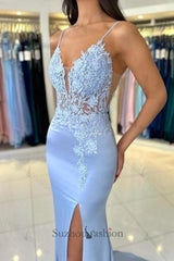 Satin Spaghetti Straps Prom Dress Sleeveless Formal Dress With Appliques Split