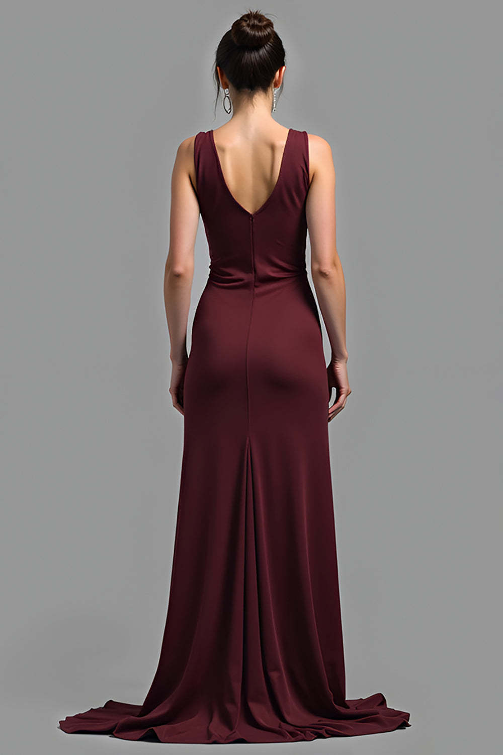 Satin V-Neck Cabernet Sheath Long Formal Dress