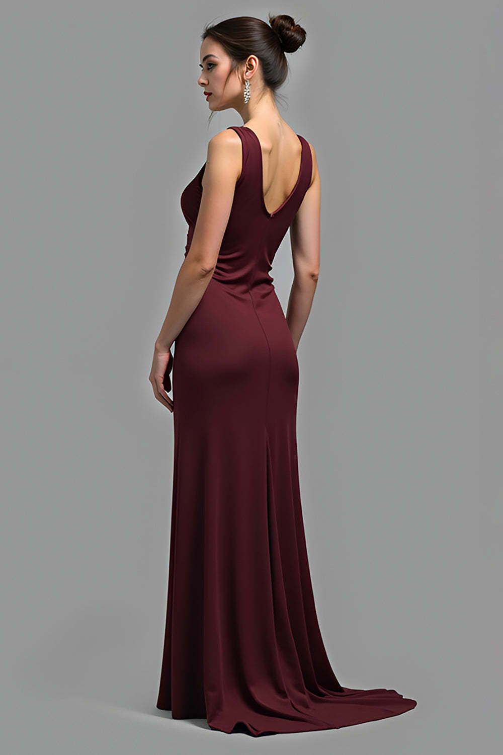 Satin V-Neck Cabernet Sheath Long Formal Dress
