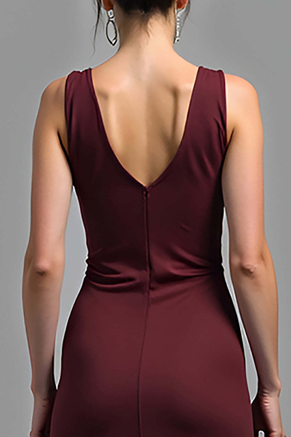 Satin V-Neck Cabernet Sheath Long Formal Dress