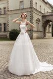 Scalloped-Edge Lace Princess Bridal Dress Court Train Wedding Dress with Flower Sash