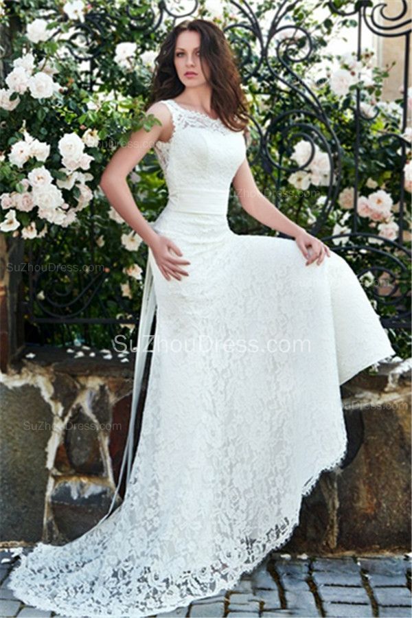 Scalloped-Edge Lace Wedding Dress Sheath Sweep Train Bridal Gown With Ribbon
