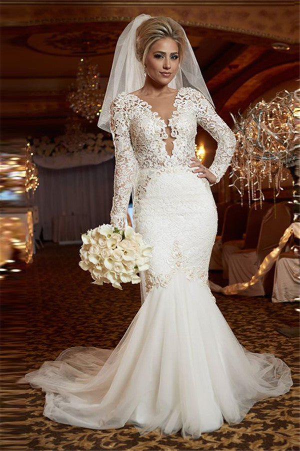 Scoop Long Sleeve Lace Wedding Dress Online Mermaid Backless Bridal Gowns WE0035