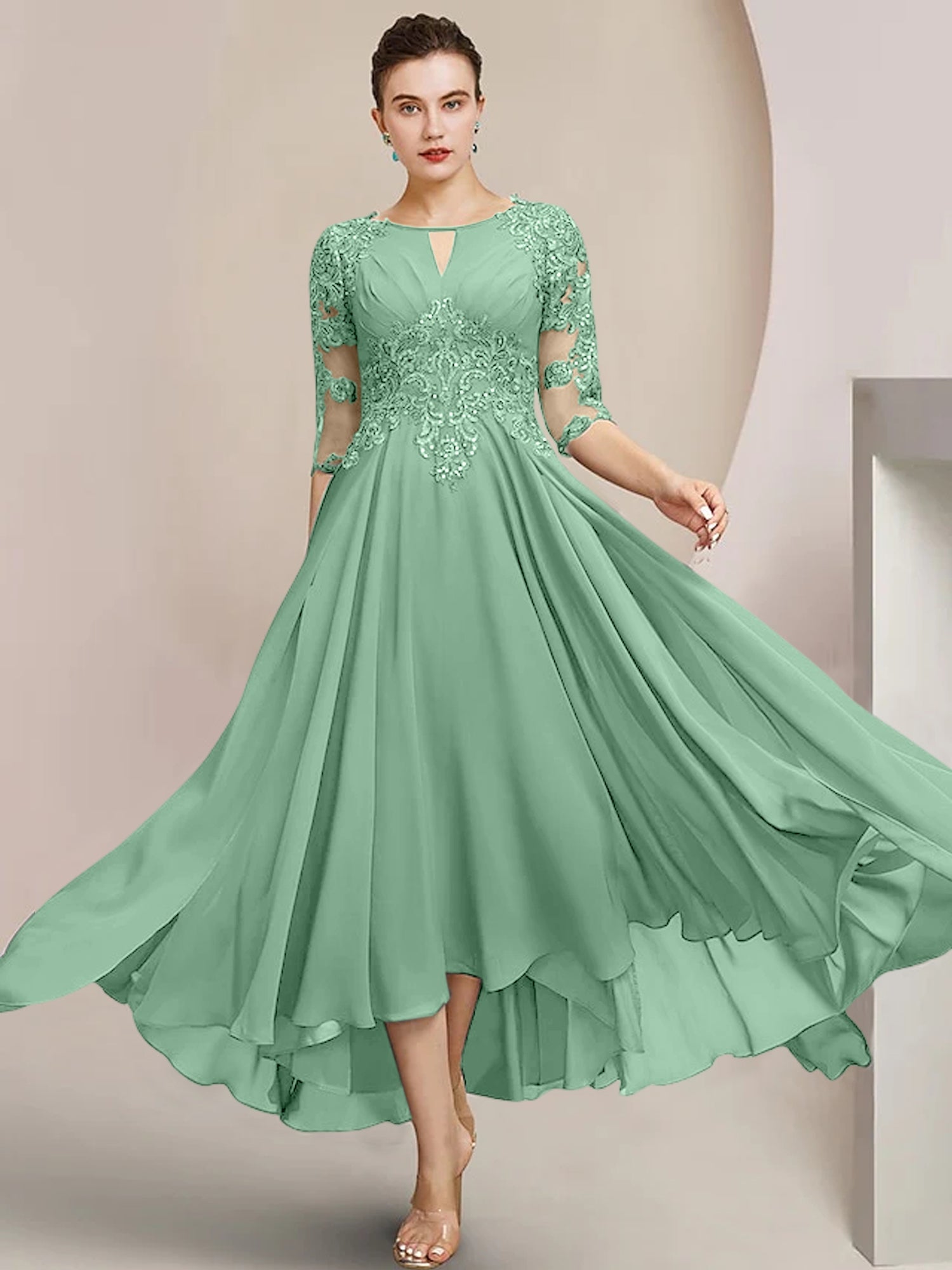 Scoop Neck Tea Length A Line Mother of the Bride Dress