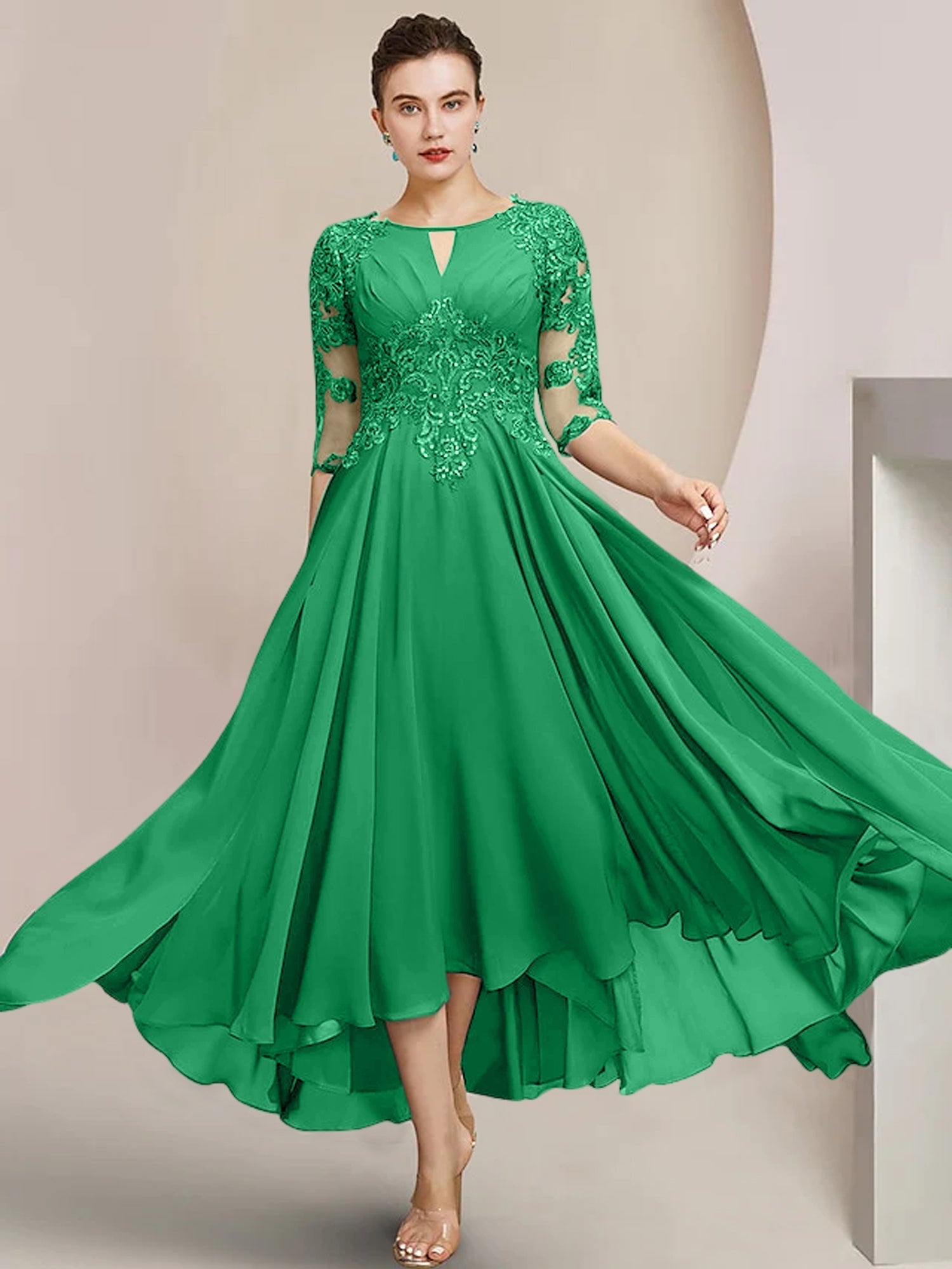 Scoop Neck Tea Length A Line Mother of the Bride Dress