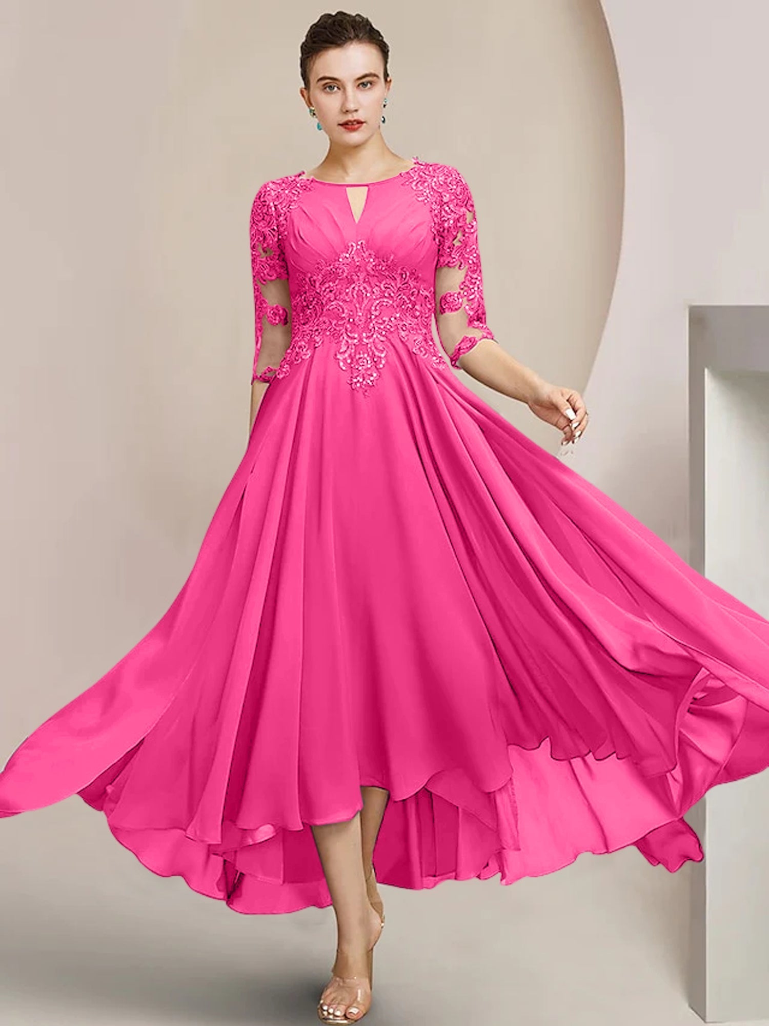 Scoop Neck Tea Length A Line Mother of the Bride Dress