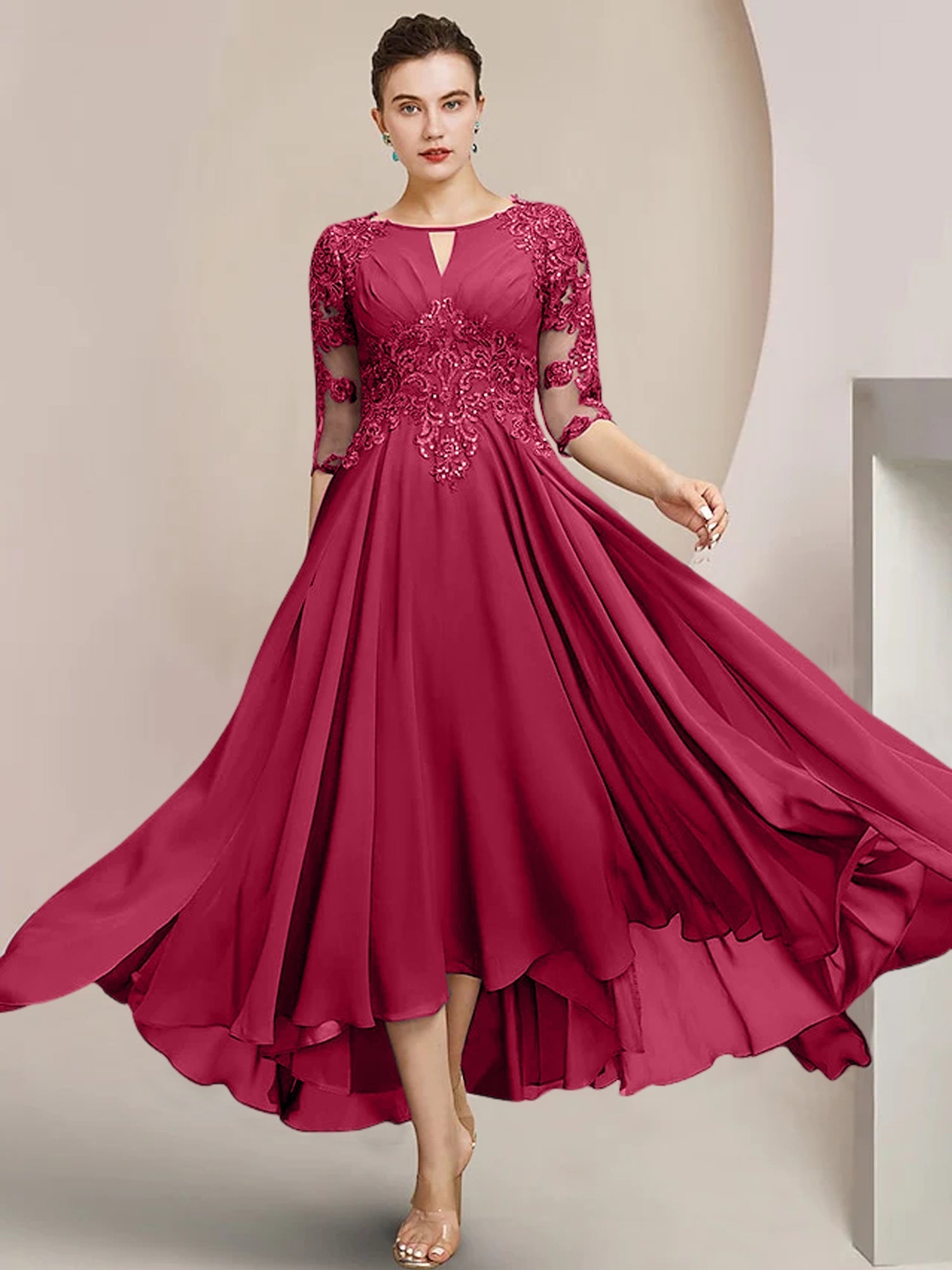 Scoop Neck Tea Length A Line Mother of the Bride Dress