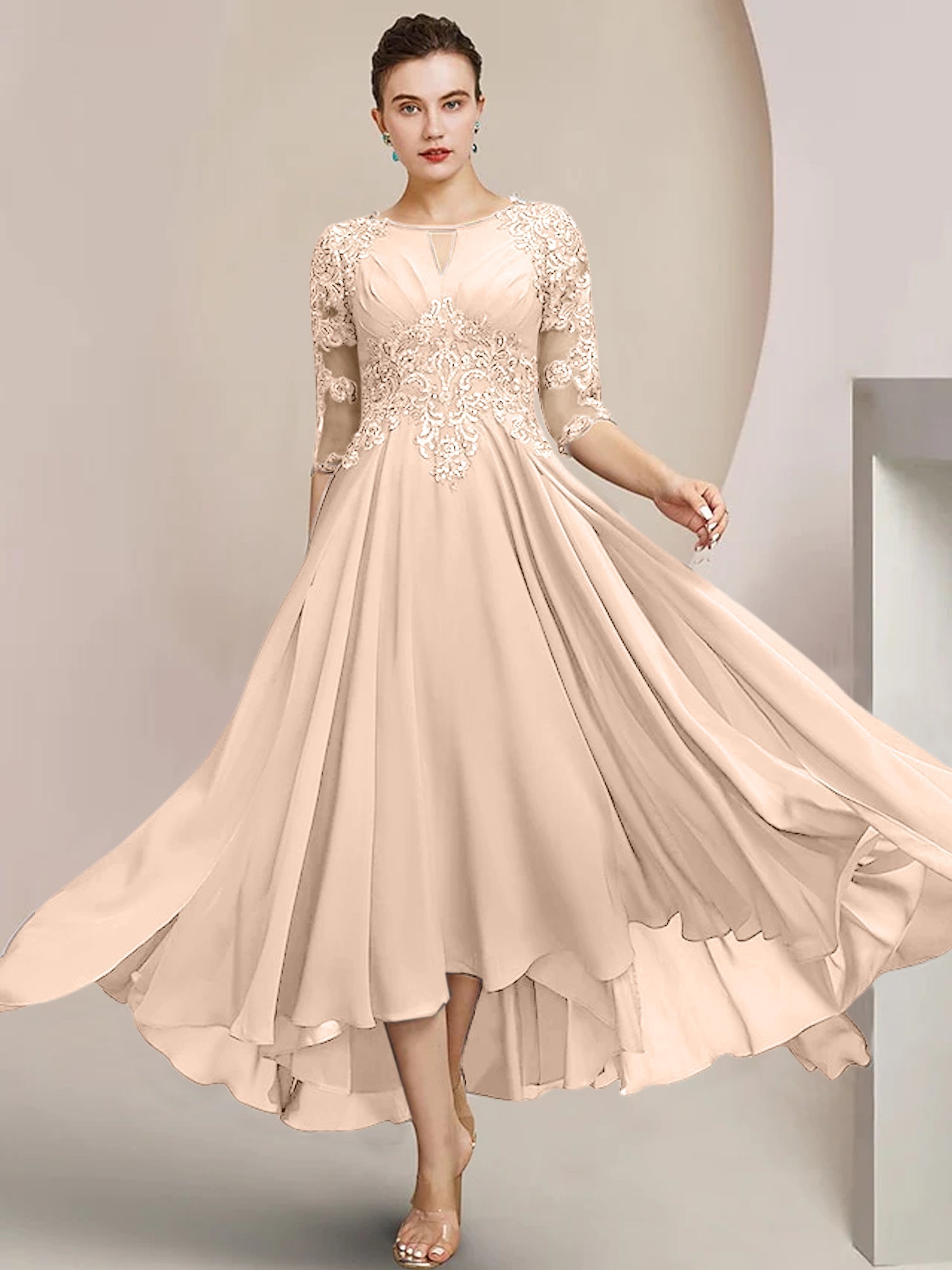 Scoop Neck Tea Length A Line Mother of the Bride Dress