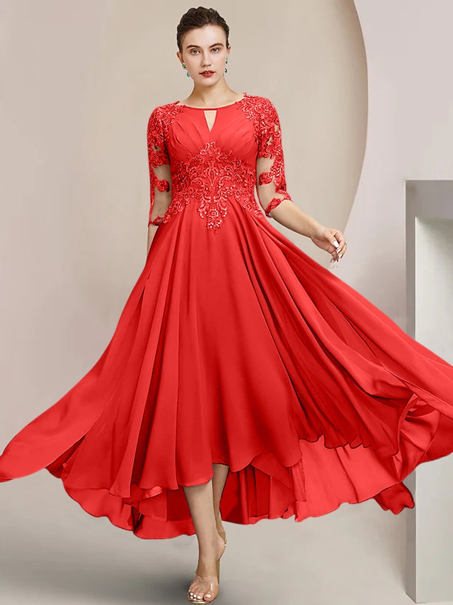 Scoop Neck Tea Length A Line Mother of the Bride Dress