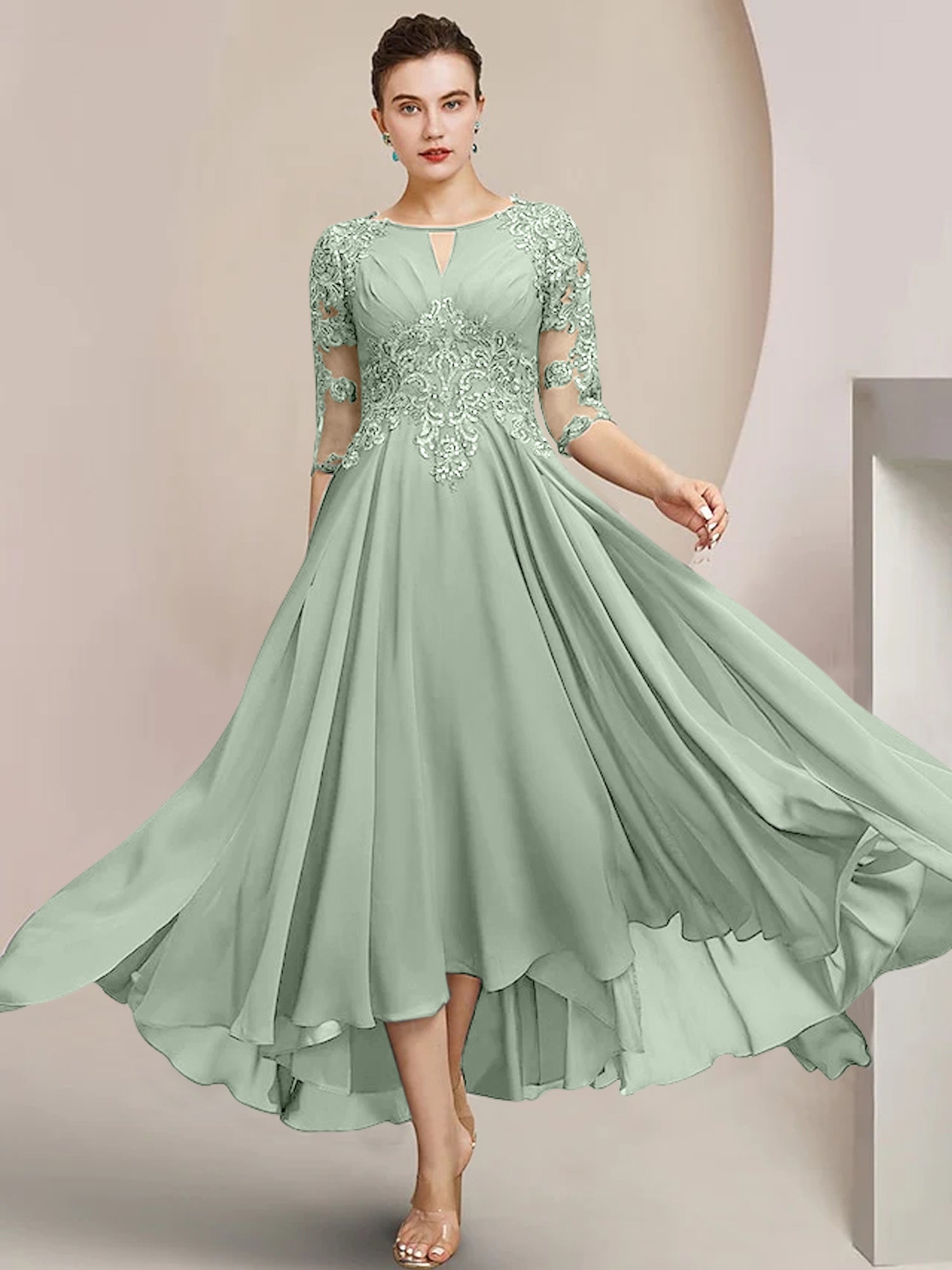 Scoop Neck Tea Length A Line Mother of the Bride Dress