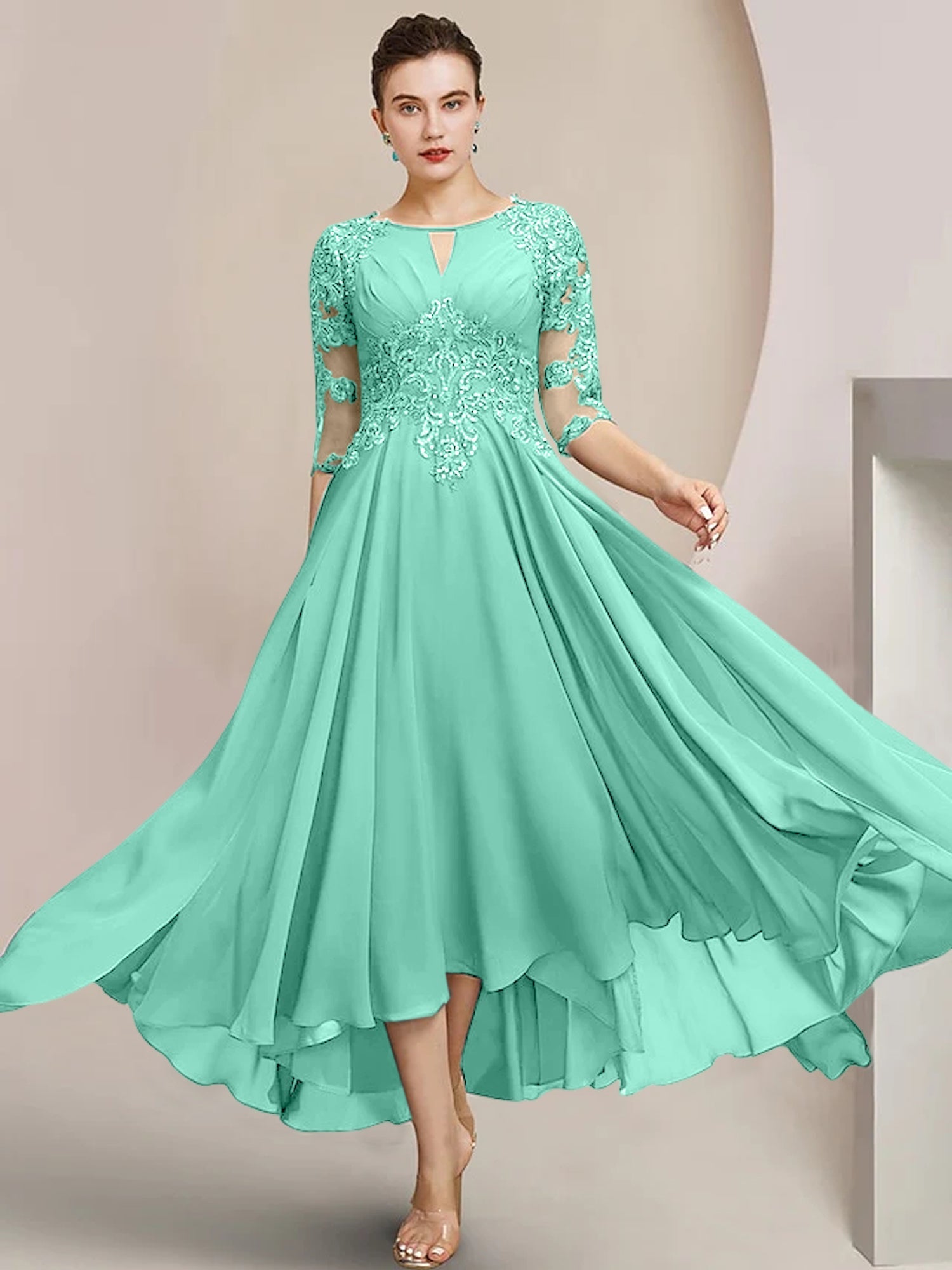 Scoop Neck Tea Length A Line Mother of the Bride Dress