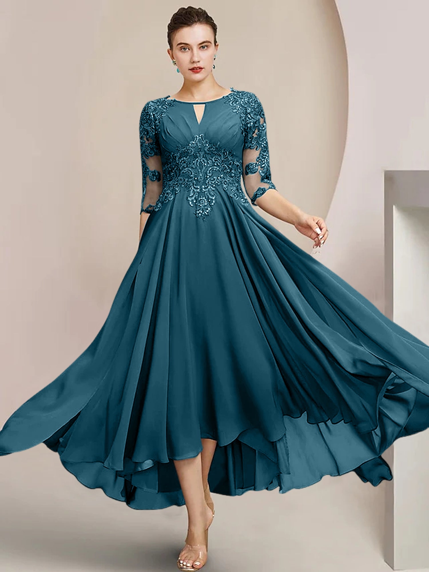 Scoop Neck Tea Length A Line Mother of the Bride Dress