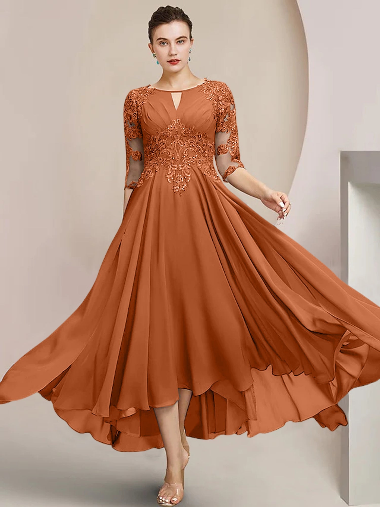 Scoop Neck Tea Length A Line Mother of the Bride Dress
