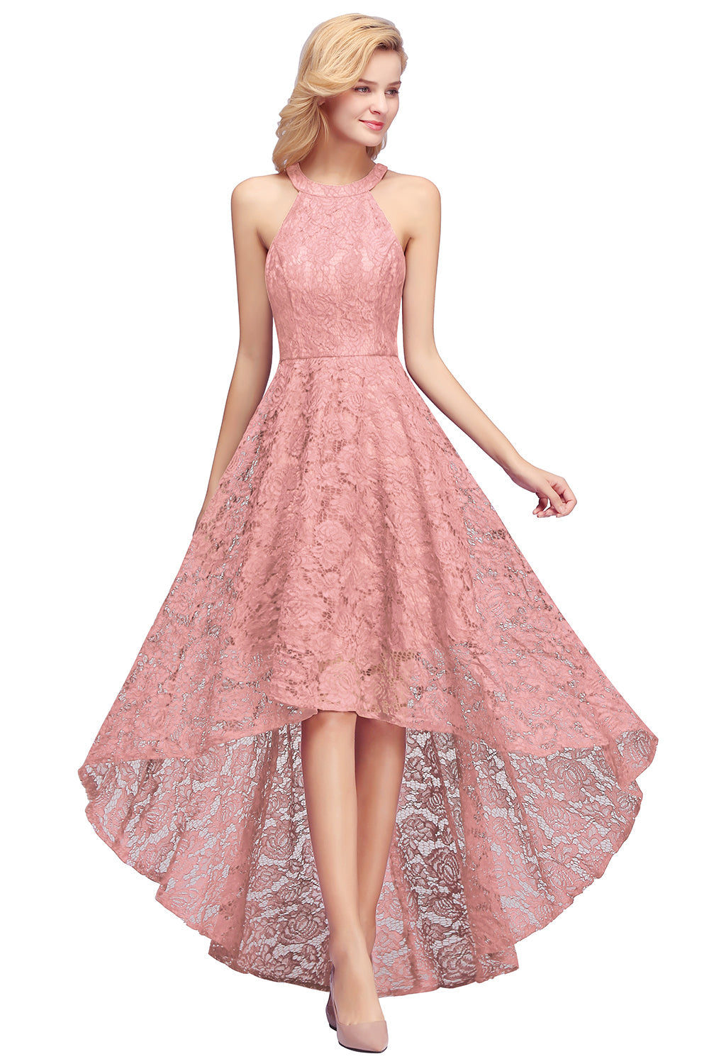 Scoop Sleeveless Hi-Lo Lace Prom Dress On Sale